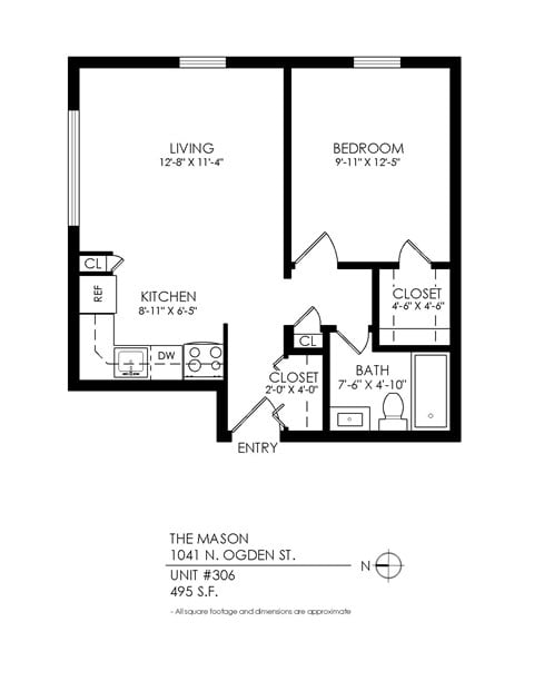 Floor plan for 1 bed, 1 bath, 510 sqft